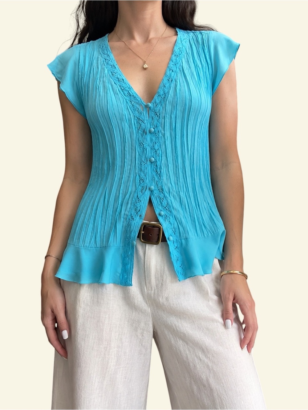 Vintage Y2K Cato Turquoise Blue Pleated Blouse Plisse Ruffle Lace Top Medium